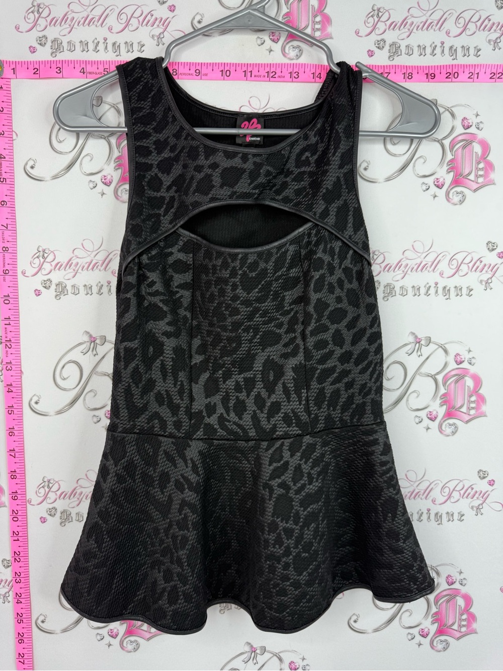 bebe peplum tank top y2k Black Leopard-Print Peplum Tank with Front Cutout